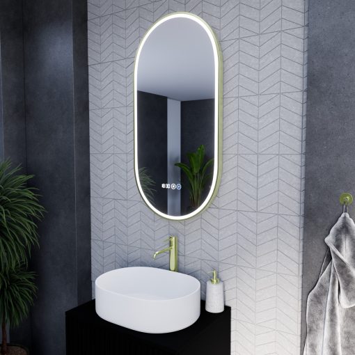 HD Dallas Gold 50 cm széles fali ovális LED okostükör szálcsiszolt arany kerettel, ambient világítással, érintőkapcsolóval, digitális órával és páramentesítő funkcióval