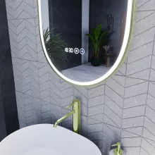 HD Dallas Gold 50 cm széles fali ovális LED okostükör szálcsiszolt arany kerettel, ambient világítással, érintőkapcsolóval, digitális órával és páramentesítő funkcióval