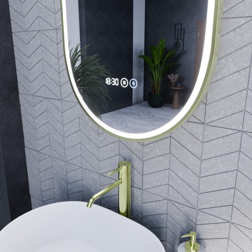 HD Dallas Gold 50 cm széles fali ovális LED okostükör szálcsiszolt arany kerettel, ambient világítással, érintőkapcsolóval, digitális órával és páramentesítő funkcióval