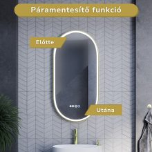HD Dallas Gold 50 cm széles fali ovális LED okostükör szálcsiszolt arany kerettel, ambient világítással, érintőkapcsolóval, digitális órával és páramentesítő funkcióval