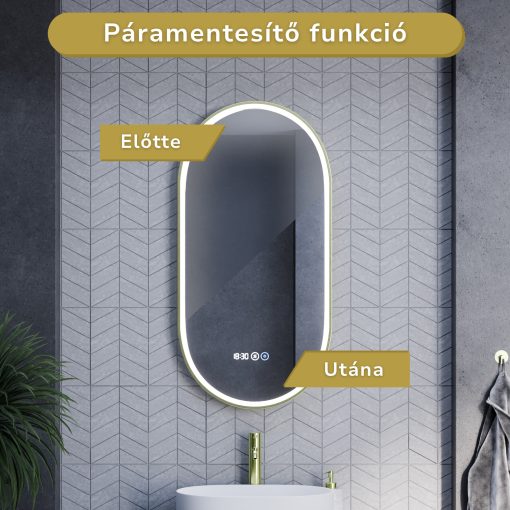 HD Dallas Gold 50 cm széles fali ovális LED okostükör szálcsiszolt arany kerettel, ambient világítással, érintőkapcsolóval, digitális órával és páramentesítő funkcióval