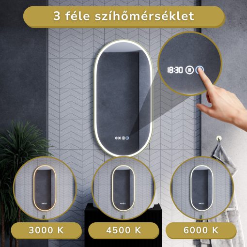 HD Dallas Gold 50 cm széles fali ovális LED okostükör szálcsiszolt arany kerettel, ambient világítással, érintőkapcsolóval, digitális órával és páramentesítő funkcióval