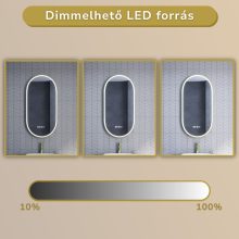 HD Dallas Gold 50 cm széles fali ovális LED okostükör szálcsiszolt arany kerettel, ambient világítással, érintőkapcsolóval, digitális órával és páramentesítő funkcióval