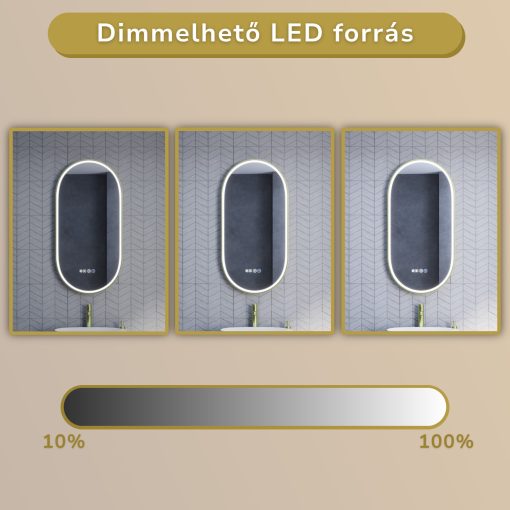 HD Dallas Gold 50 cm széles fali ovális LED okostükör szálcsiszolt arany kerettel, ambient világítással, érintőkapcsolóval, digitális órával és páramentesítő funkcióval