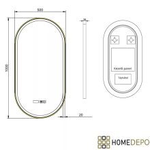 HD Dallas Gold 50 cm széles fali ovális LED okostükör szálcsiszolt arany kerettel, ambient világítással, érintőkapcsolóval, digitális órával és páramentesítő funkcióval