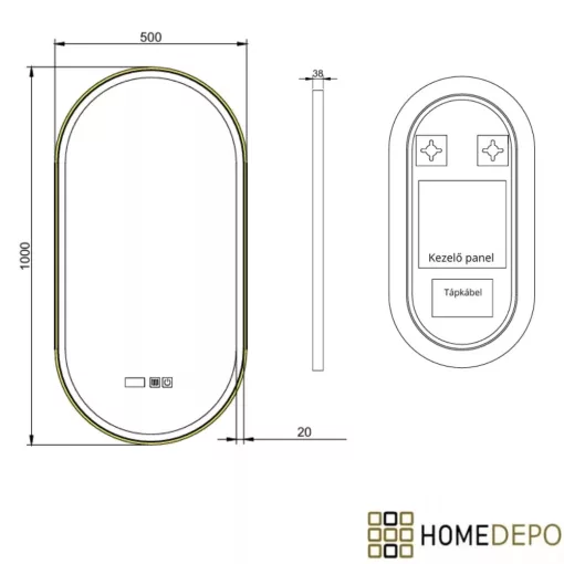 HD Dallas Gold 50 cm széles fali ovális LED okostükör szálcsiszolt arany kerettel, ambient világítással, érintőkapcsolóval, digitális órával és páramentesítő funkcióval