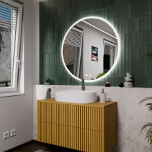 HD Heaven 100 cm széles fali kerek LED okostükör akril kerettel, ambient világítással, mozgásérzékelővel, digitális órával és páramentesítő funkcióval