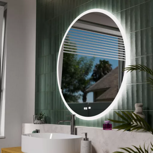 HD Heaven 100 cm széles fali kerek LED okostükör akril kerettel, ambient világítással, mozgásérzékelővel, digitális órával és páramentesítő funkcióval