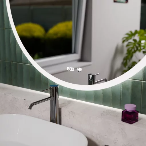 HD Heaven 100 cm széles fali kerek LED okostükör akril kerettel, ambient világítással, mozgásérzékelővel, digitális órával és páramentesítő funkcióval