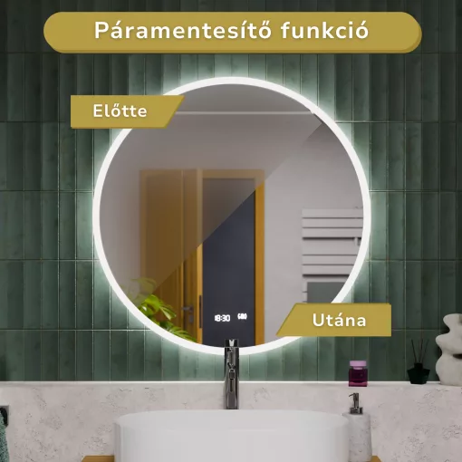 HD Heaven 100 cm széles fali kerek LED okostükör akril kerettel, ambient világítással, mozgásérzékelővel, digitális órával és páramentesítő funkcióval