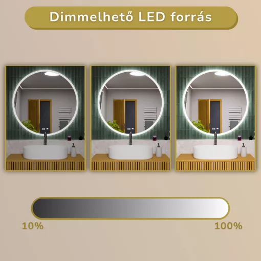 HD Heaven 100 cm széles fali kerek LED okostükör akril kerettel, ambient világítással, mozgásérzékelővel, digitális órával és páramentesítő funkcióval