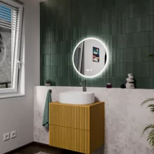 HD Heaven 60 cm széles fali kerek LED okostükör akril kerettel, ambient világítással, mozgásérzékelővel, digitális órával és páramentesítő funkcióval