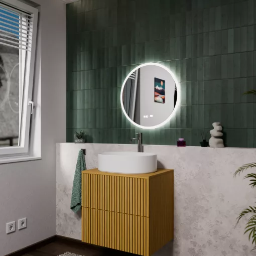 HD Heaven 60 cm széles fali kerek LED okostükör akril kerettel, ambient világítással, mozgásérzékelővel, digitális órával és páramentesítő funkcióval