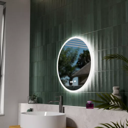 HD Heaven 60 cm széles fali kerek LED okostükör akril kerettel, ambient világítással, mozgásérzékelővel, digitális órával és páramentesítő funkcióval