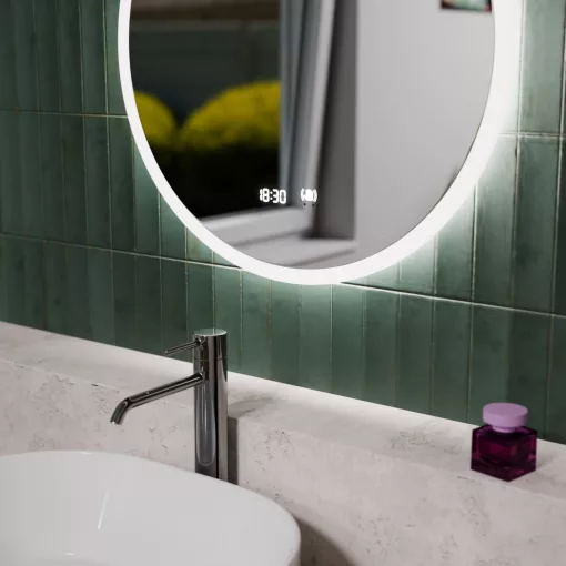 HD Heaven 60 cm széles fali kerek LED okostükör akril kerettel, ambient világítással, mozgásérzékelővel, digitális órával és páramentesítő funkcióval