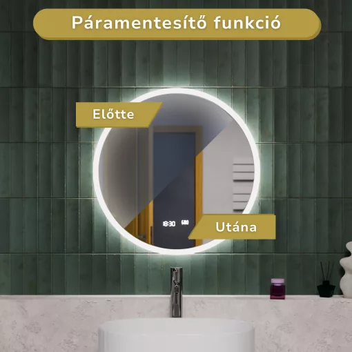 HD Heaven 60 cm széles fali kerek LED okostükör akril kerettel, ambient világítással, mozgásérzékelővel, digitális órával és páramentesítő funkcióval
