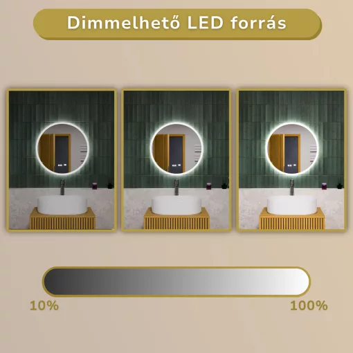 HD Heaven 60 cm széles fali kerek LED okostükör akril kerettel, ambient világítással, mozgásérzékelővel, digitális órával és páramentesítő funkcióval