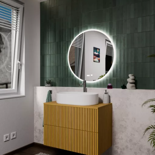 HD Heaven 80 cm széles fali kerek LED okostükör akril kerettel, ambient világítással, mozgásérzékelővel, digitális órával és páramentesítő funkcióval