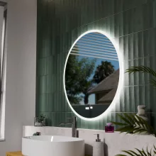 HD Heaven 80 cm széles fali kerek LED okostükör akril kerettel, ambient világítással, mozgásérzékelővel, digitális órával és páramentesítő funkcióval