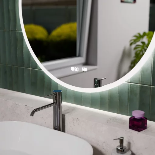 HD Heaven 80 cm széles fali kerek LED okostükör akril kerettel, ambient világítással, mozgásérzékelővel, digitális órával és páramentesítő funkcióval