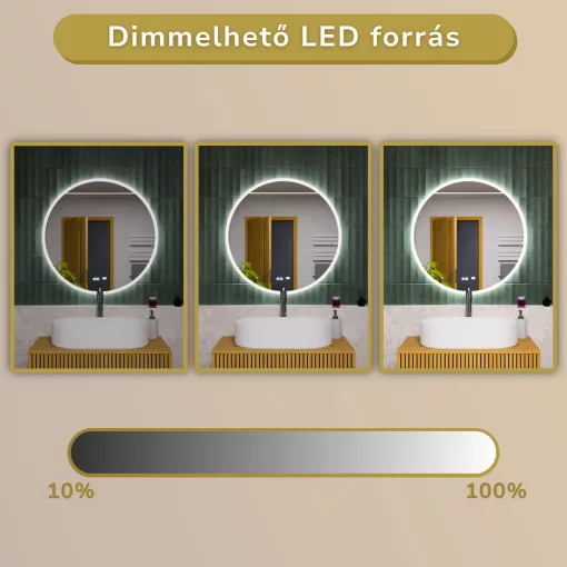 HD Heaven 80 cm széles fali kerek LED okostükör akril kerettel, ambient világítással, mozgásérzékelővel, digitális órával és páramentesítő funkcióval