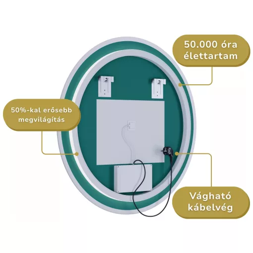 HD Heaven 80 cm széles fali kerek LED okostükör akril kerettel, ambient világítással, mozgásérzékelővel, digitális órával és páramentesítő funkcióval