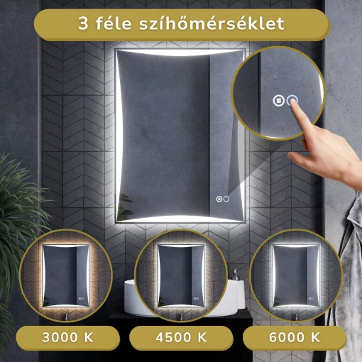 HD Luxor 60x80 cm fali szögletes LED okostükör forgatható, ambient világítással, érintőkapcsolóval és páramentesítő funkcióval