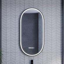 HD Dallas Black 50 cm széles fali ovális LED okostükör fekete kerettel, ambient világítással, érintőkapcsolóval, digitális órával és páramentesítő funkcióval
