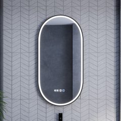   HD Dallas Black 50 cm széles fali ovális LED okostükör fekete kerettel, ambient világítással, érintőkapcsolóval, digitális órával és páramentesítő funkcióval