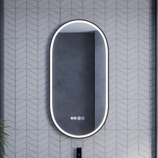 HD Dallas Black 50 cm széles fali ovális LED okostükör fekete kerettel, ambient világítással, érintőkapcsolóval, digitális órával és páramentesítő funkcióval