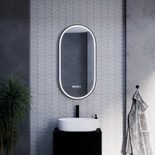 HD Dallas Black 50 cm széles fali ovális LED okostükör fekete kerettel, ambient világítással, érintőkapcsolóval, digitális órával és páramentesítő funkcióval