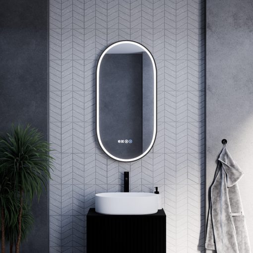 HD Dallas Black 50 cm széles fali ovális LED okostükör fekete kerettel, ambient világítással, érintőkapcsolóval, digitális órával és páramentesítő funkcióval