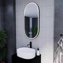 HD Dallas Black 50 cm széles fali ovális LED okostükör fekete kerettel, ambient világítással, érintőkapcsolóval, digitális órával és páramentesítő funkcióval