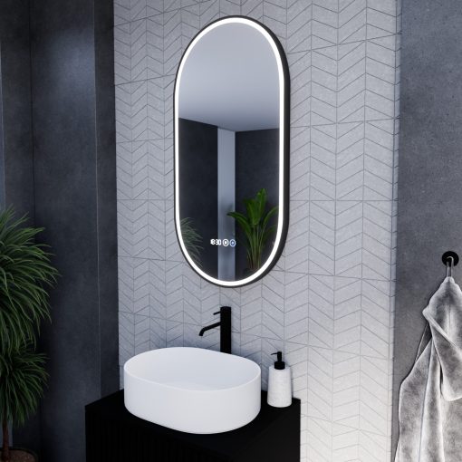 HD Dallas Black 50 cm széles fali ovális LED okostükör fekete kerettel, ambient világítással, érintőkapcsolóval, digitális órával és páramentesítő funkcióval