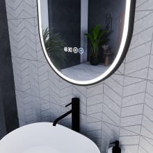 HD Dallas Black 50 cm széles fali ovális LED okostükör fekete kerettel, ambient világítással, érintőkapcsolóval, digitális órával és páramentesítő funkcióval