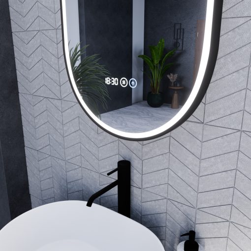 HD Dallas Black 50 cm széles fali ovális LED okostükör fekete kerettel, ambient világítással, érintőkapcsolóval, digitális órával és páramentesítő funkcióval