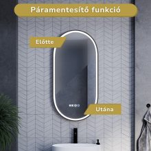 HD Dallas Black 50 cm széles fali ovális LED okostükör fekete kerettel, ambient világítással, érintőkapcsolóval, digitális órával és páramentesítő funkcióval