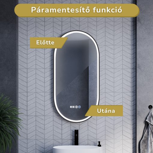 HD Dallas Black 50 cm széles fali ovális LED okostükör fekete kerettel, ambient világítással, érintőkapcsolóval, digitális órával és páramentesítő funkcióval