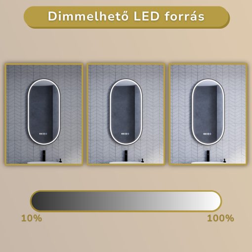 HD Dallas Black 50 cm széles fali ovális LED okostükör fekete kerettel, ambient világítással, érintőkapcsolóval, digitális órával és páramentesítő funkcióval