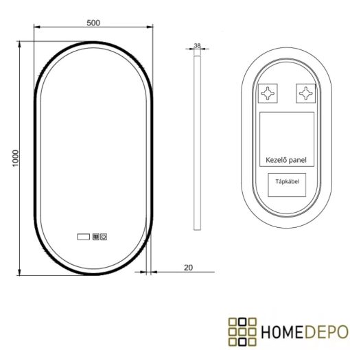 HD Dallas Black 50 cm széles fali ovális LED okostükör fekete kerettel, ambient világítással, érintőkapcsolóval, digitális órával és páramentesítő funkcióval