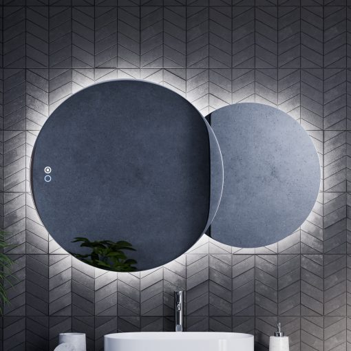 HD Twin 120 cm széles fali szabálytalan alakú LED okostükör forgatható, ambient világítással, érintőkapcsolóval és páramentesítő funkcióval