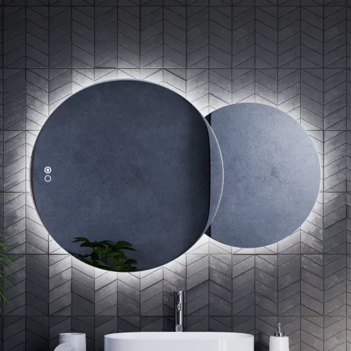 HD Twin 120 cm széles fali szabálytalan alakú LED okostükör forgatható, ambient világítással, érintőkapcsolóval és páramentesítő funkcióval