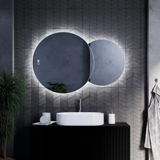 HD Twin 120 cm széles fali szabálytalan alakú LED okostükör forgatható, ambient világítással, érintőkapcsolóval és páramentesítő funkcióval