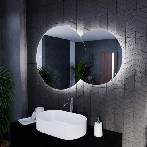 HD Twin 120 cm széles fali szabálytalan alakú LED okostükör forgatható, ambient világítással, érintőkapcsolóval és páramentesítő funkcióval