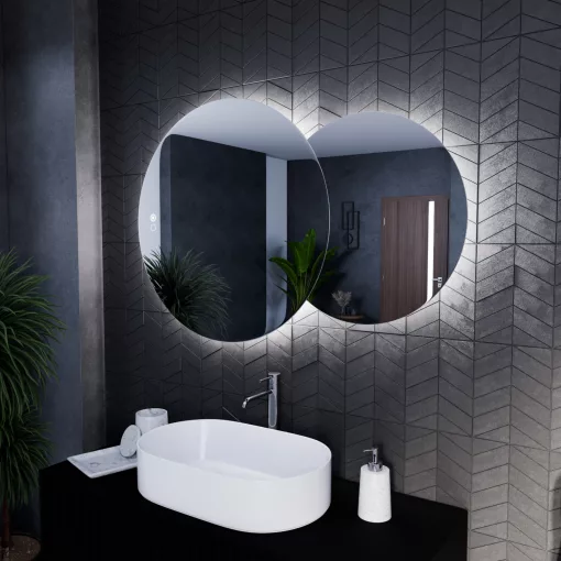 HD Twin 120 cm széles fali szabálytalan alakú LED okostükör forgatható, ambient világítással, érintőkapcsolóval és páramentesítő funkcióval