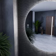 HD Twin 120 cm széles fali szabálytalan alakú LED okostükör forgatható, ambient világítással, érintőkapcsolóval és páramentesítő funkcióval