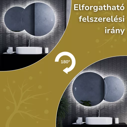 HD Twin 120 cm széles fali szabálytalan alakú LED okostükör forgatható, ambient világítással, érintőkapcsolóval és páramentesítő funkcióval