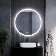 HD Sofia 100 cm széles fali kerek LED okostükör ambient világítással, érintőkapcsolóval, digitális órával és páramentesítő funkcióval