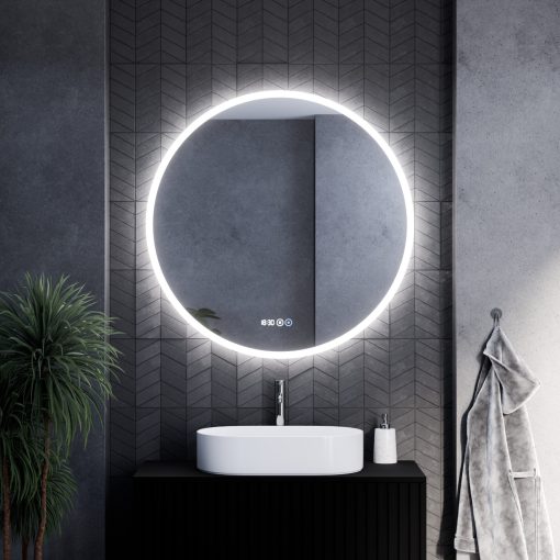 HD Sofia 100 cm széles fali kerek LED okostükör ambient világítással, érintőkapcsolóval, digitális órával és páramentesítő funkcióval