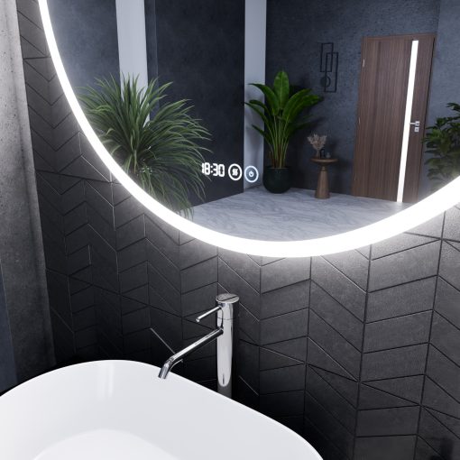 HD Sofia 100 cm széles fali kerek LED okostükör ambient világítással, érintőkapcsolóval, digitális órával és páramentesítő funkcióval